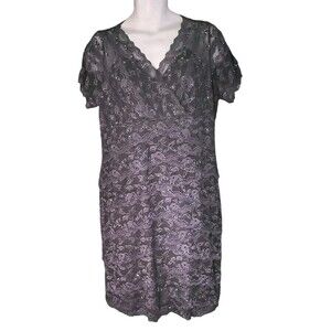 Marina Dress Women's 18 Gray Silver Sequin Layered Lace Stretch Party Wedding